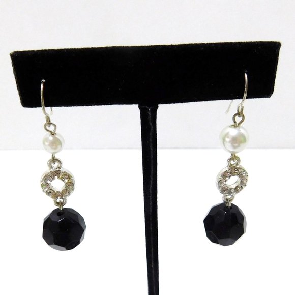 Drop Dangle Faux Pearl Black Faceted Bead Rhinestones Womens Earrings Fish Hook - Picture 2 of 7
